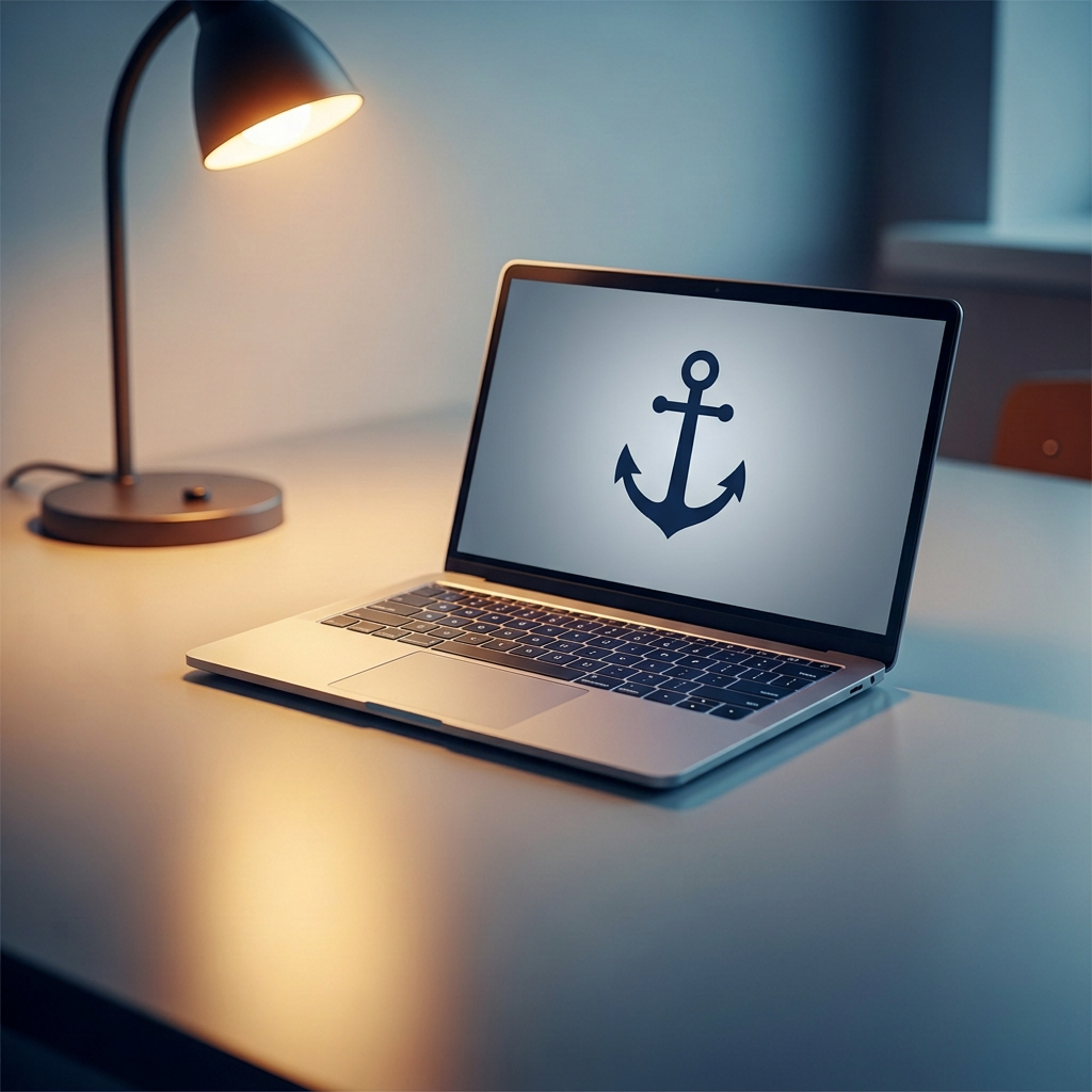 Assessment workspace with a laptop displaying an anchor symbol