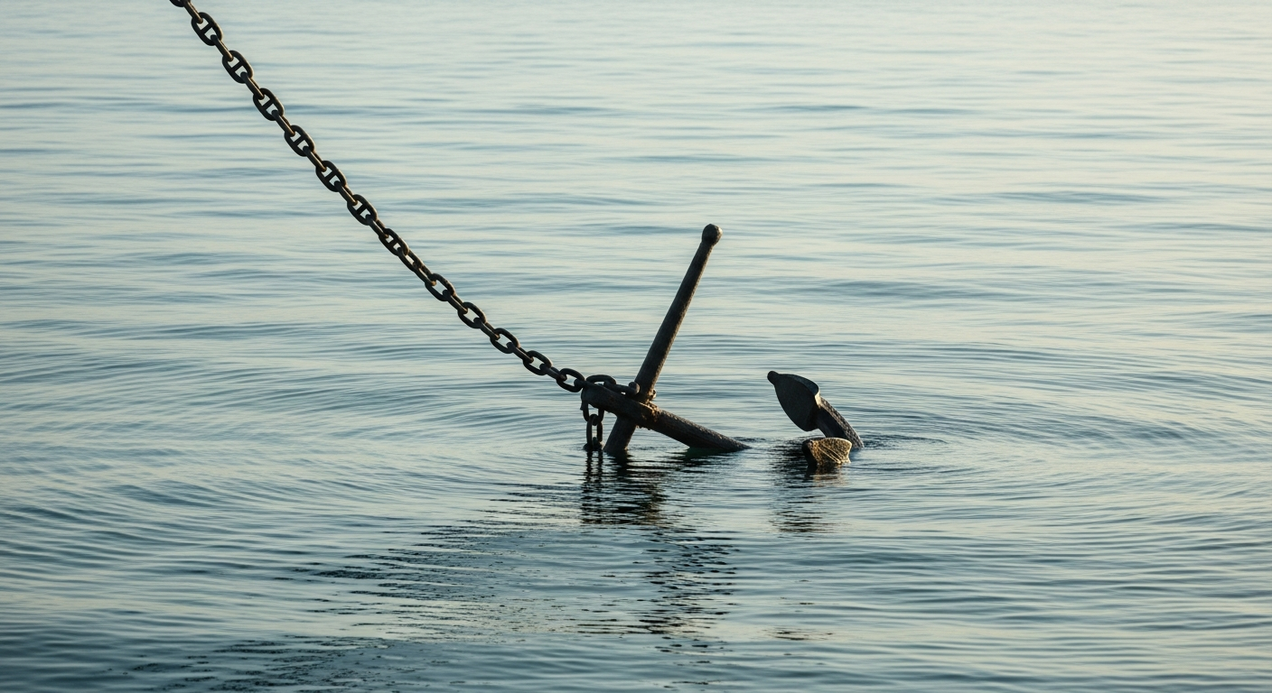 Anchor sinking into calm blue water