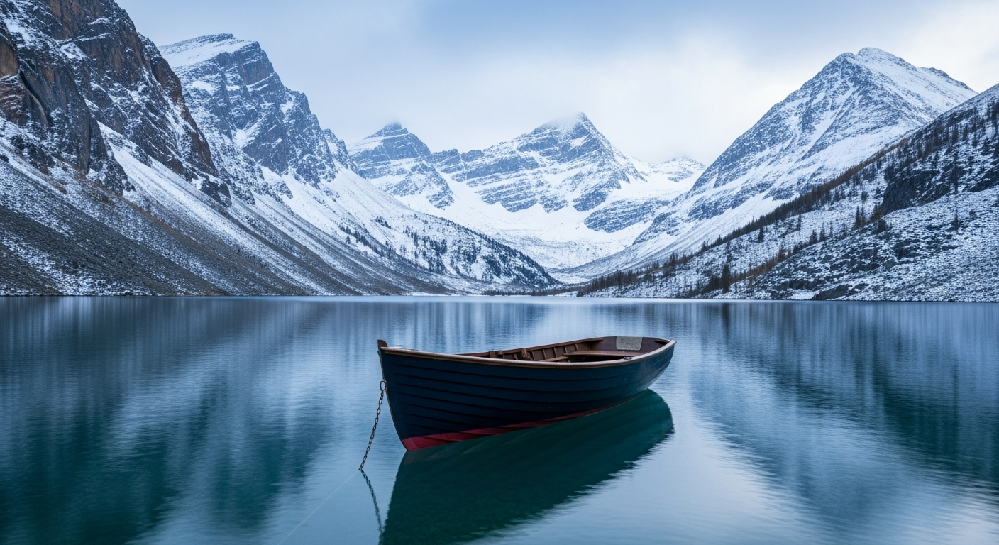 Snow-capped Rocky Mountains surrounding an alpine lake with an anchored boat