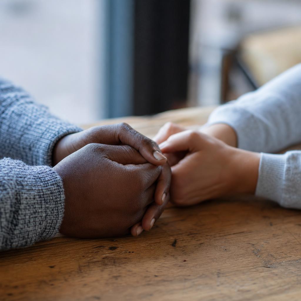 Two people in conversation, hands visible on a table