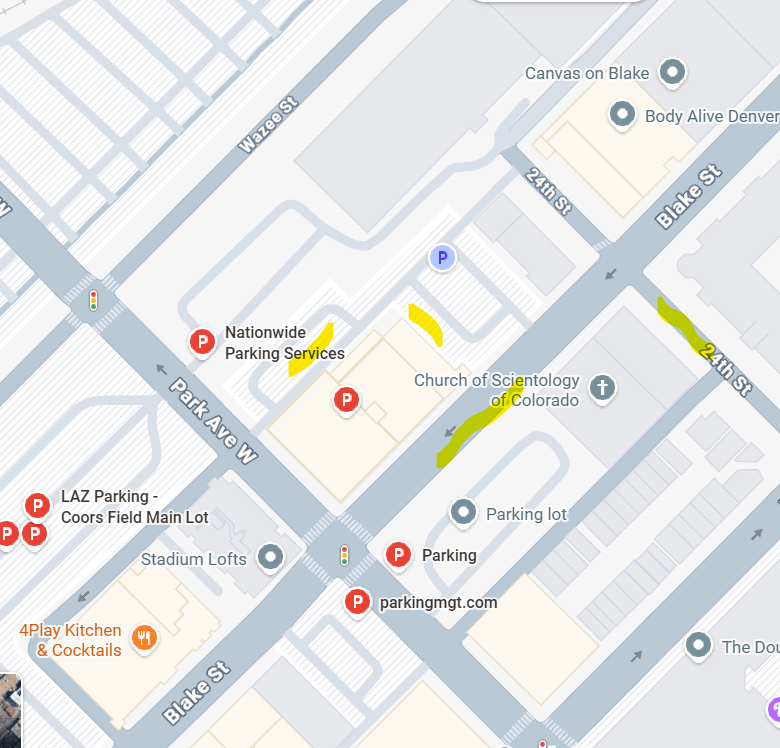 Parking map showing available lots near 2301 Blake Street